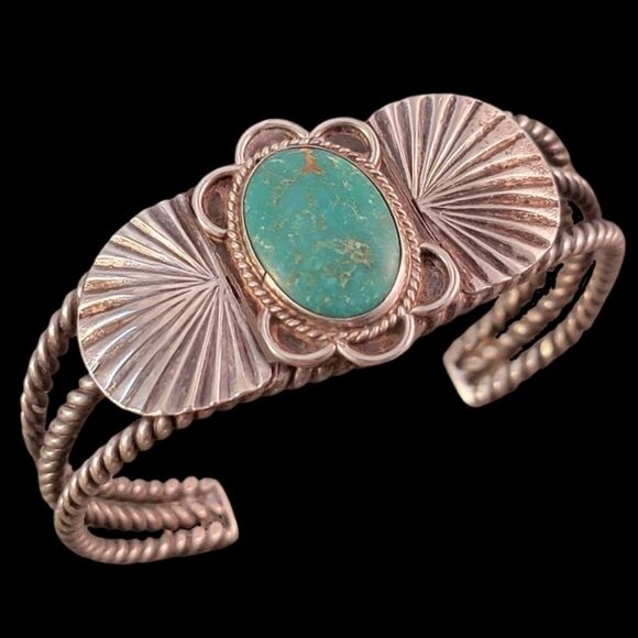 Vintage Southwestern Sterling Silver Twisted Wire Green Turquoise Cuff Bracelet - Picture 1 of 9